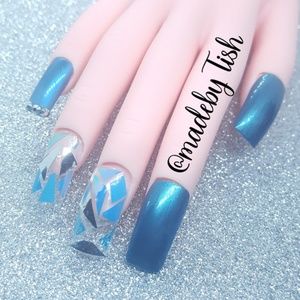 Blue Chrome Stained Glass Gel Fake Press On Nails